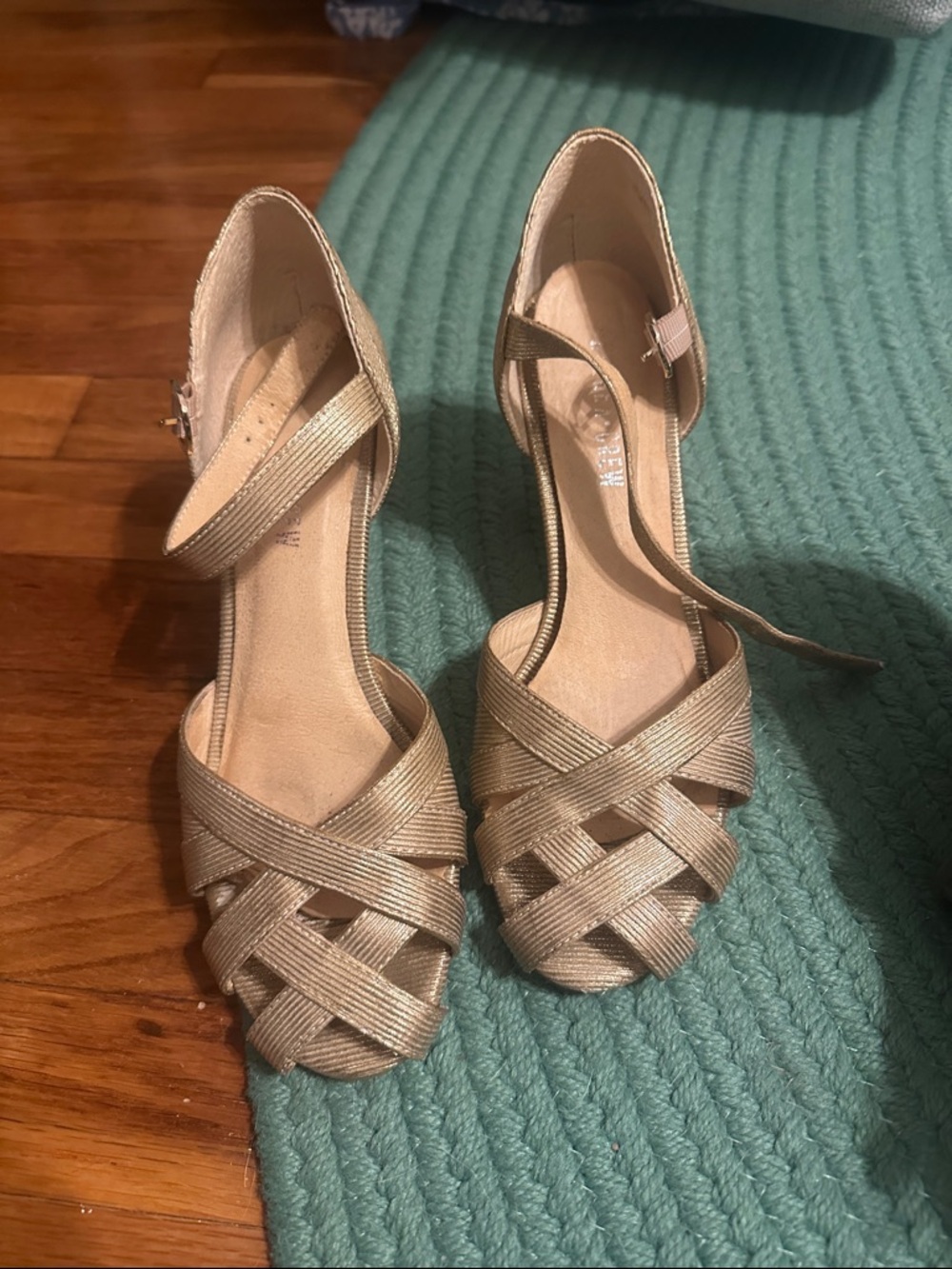 chelsea crew Metallic Gold Strappy Peep-Toe Heels with Ankle Strap